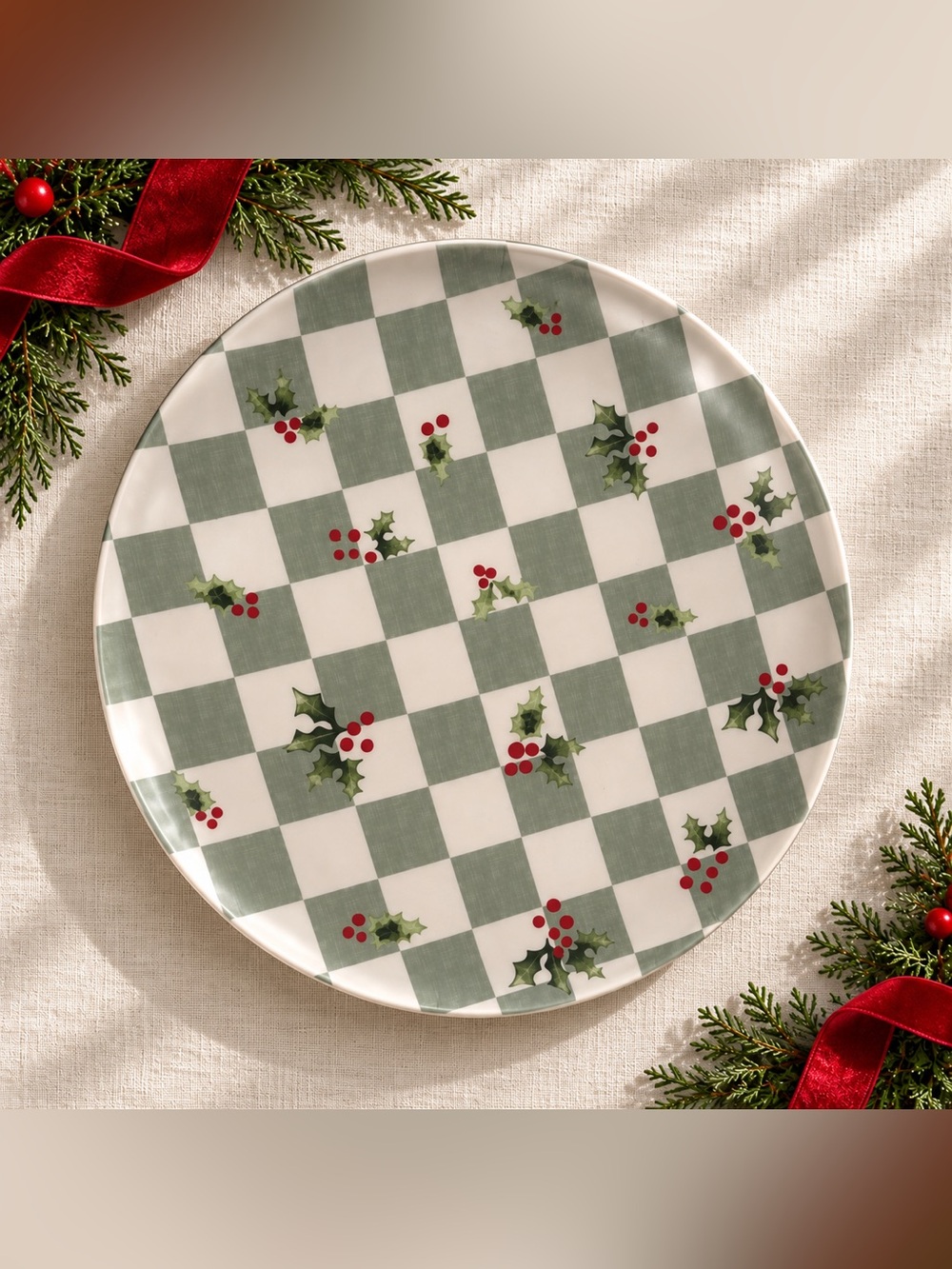 C&C California Christmas Holly Check Dinner Plates Set of 4 Melamine 11” - Picture 2 of 6